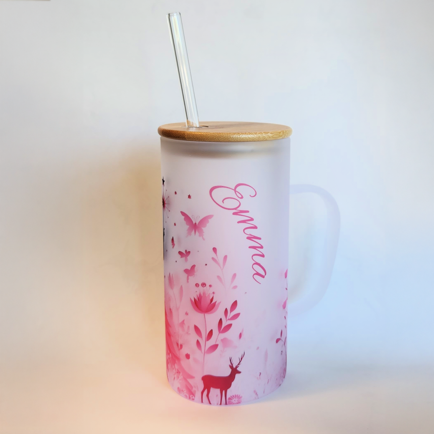 Customized Frosted Stein with Bamboo Lid and Glass Straw